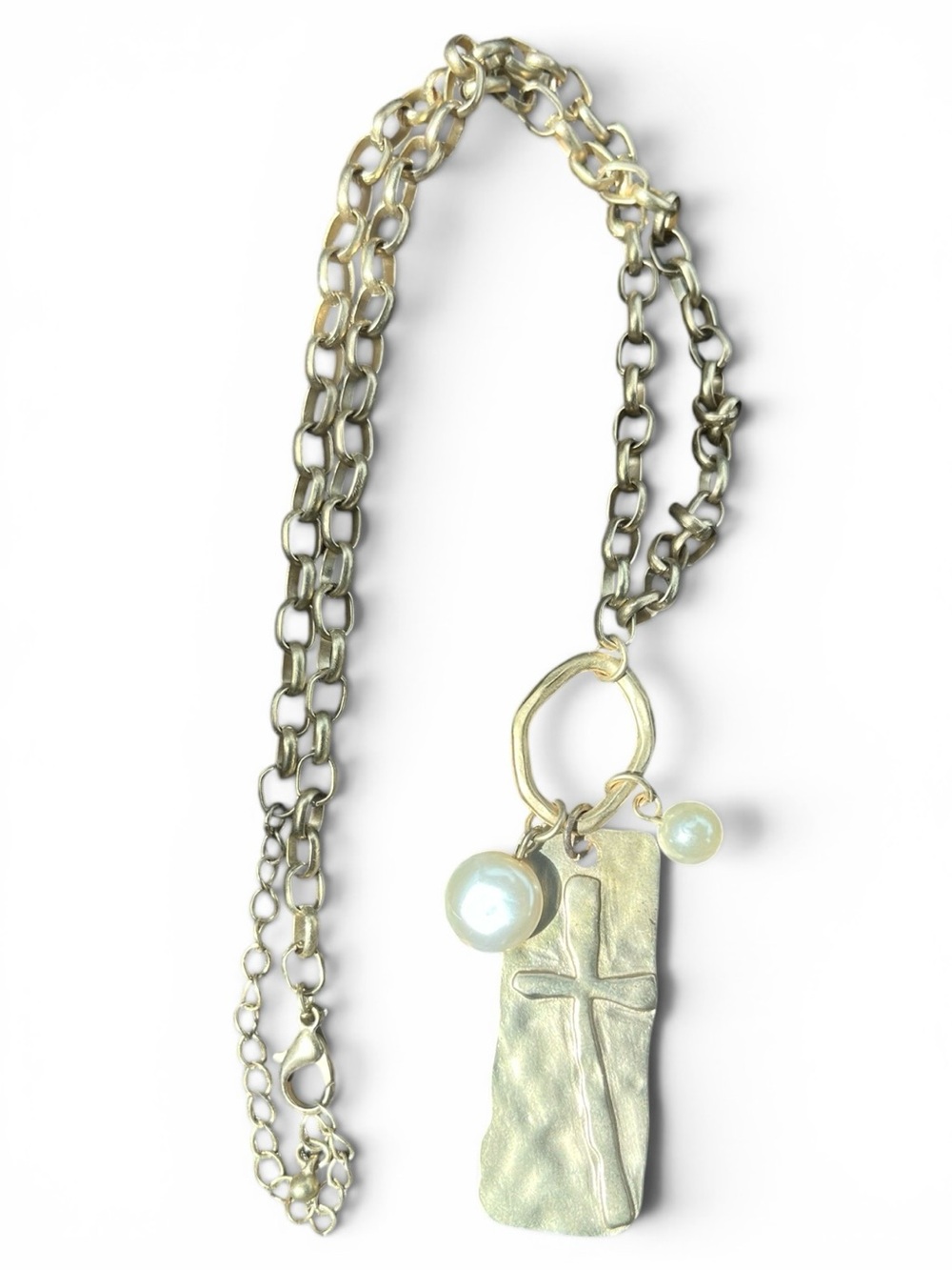 Artisan Hammered Gold-tone Cross Pendant Necklace with Pearl Drops